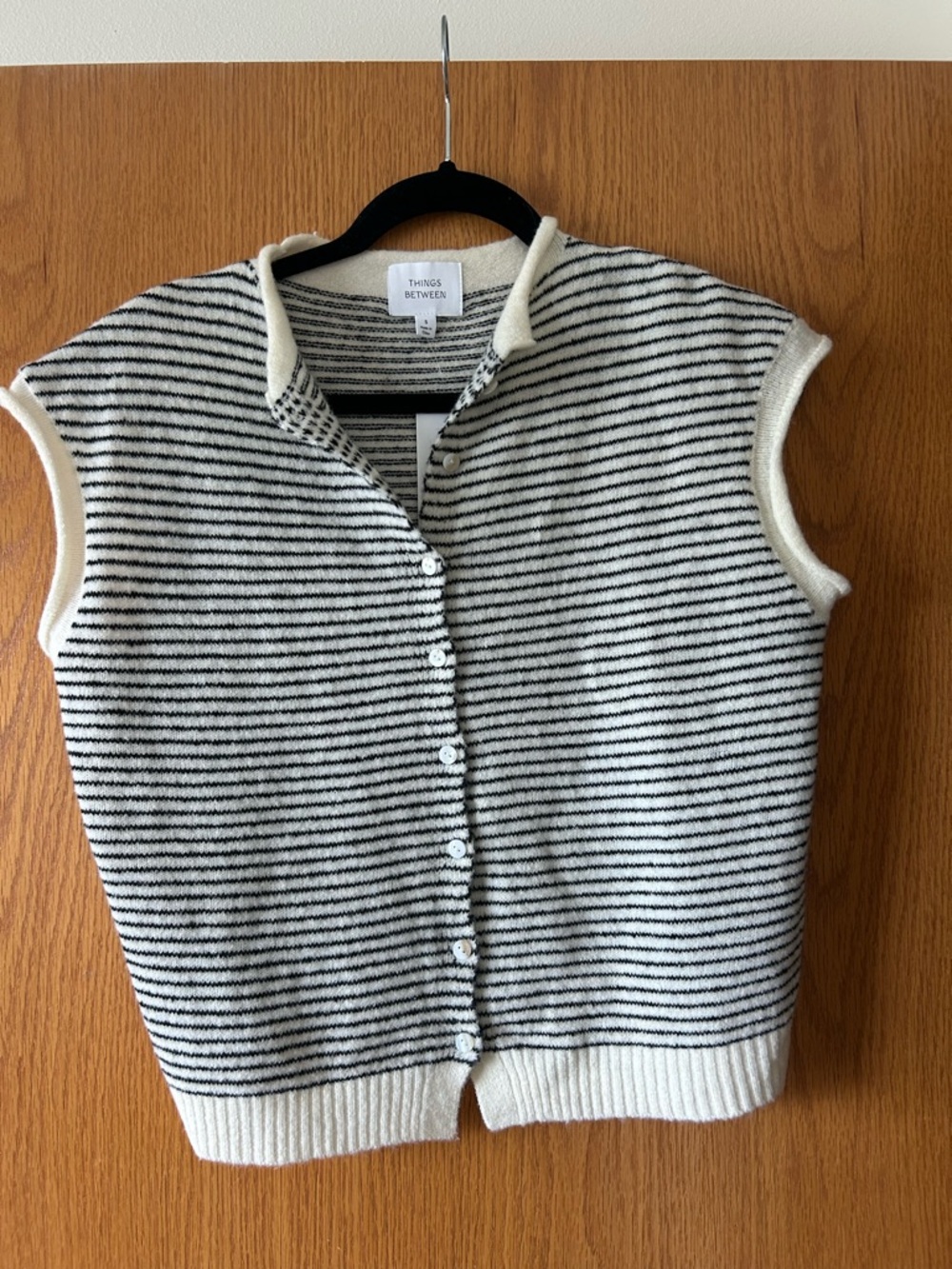 Things Between Women's Cream & Black Striped Piper Knit Vest Cardigan